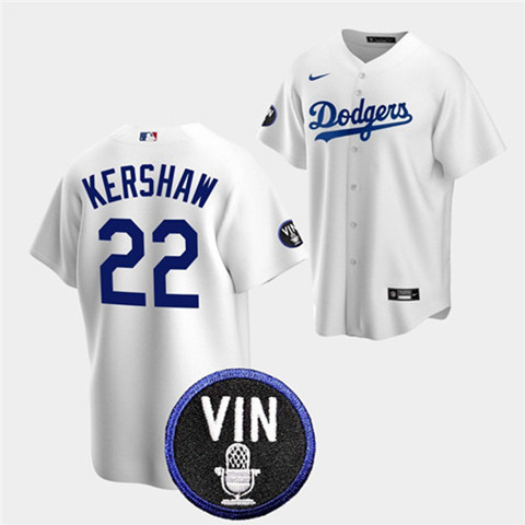 Men's Los Angeles Dodgers #22 Clayton Kershaw 2022 White Vin Scully Patch Cool Base Stitched Baseball Jersey